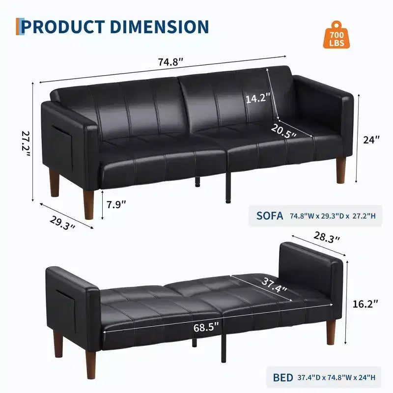 Divano letto futon in ecopelle, stile Mid-Century, posti a sedere fino a 4 – Nero / Marrone / Verde
