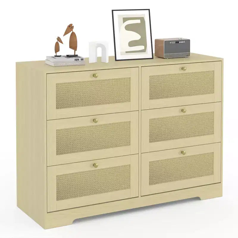 COZONY Modern 6-Drawer Boho Dresser with Solid Wood Legs, Long Storage Chest for Bedroom & Living Room