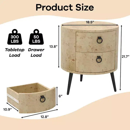 Tavolino rotondo beige con 2 cassetti, stile moderno rustico, 1 pezzo