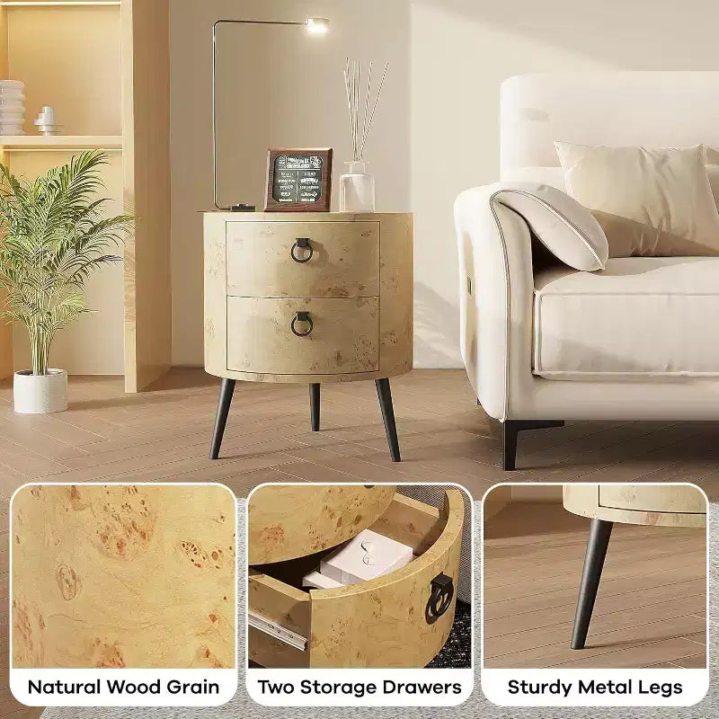 Tavolino rotondo beige con 2 cassetti, stile moderno rustico, 1 pezzo