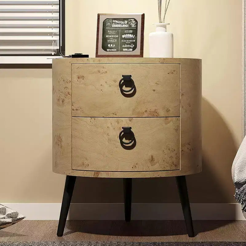 Tavolino rotondo beige con 2 cassetti, stile moderno rustico, 1 pezzo