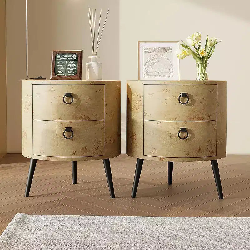 Tavolino rotondo beige con 2 cassetti, stile moderno rustico, 1 pezzo