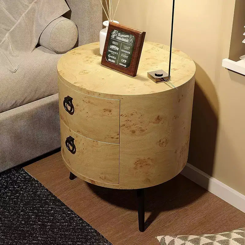 Tavolino rotondo beige con 2 cassetti, stile moderno rustico, 1 pezzo