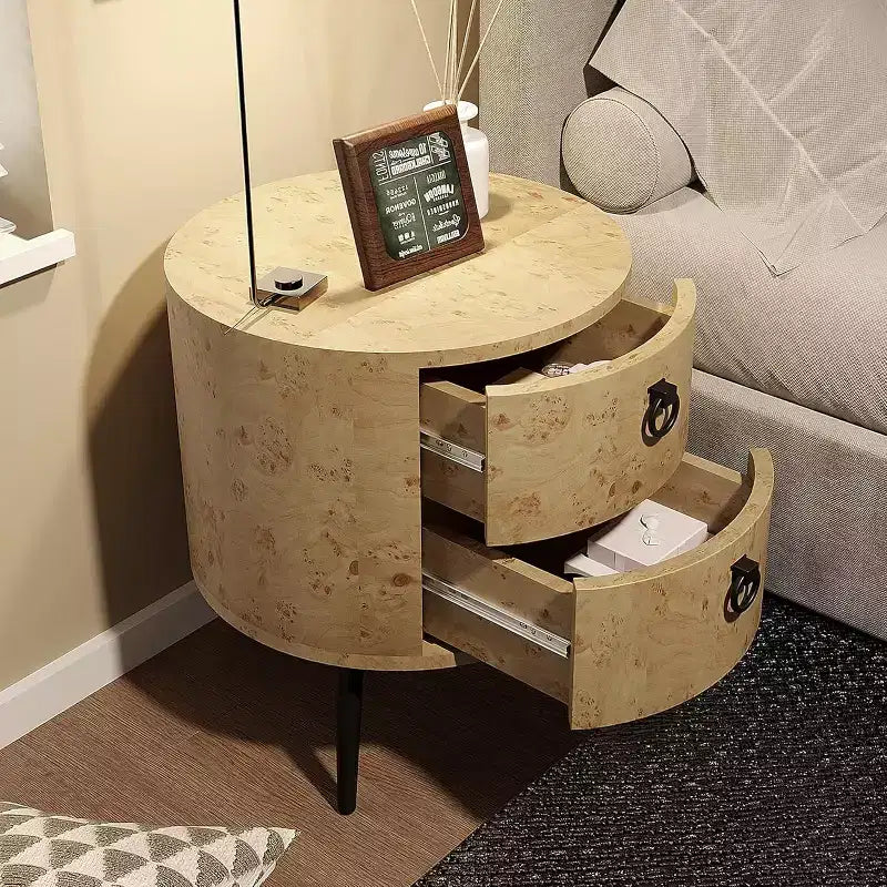 Tavolino rotondo beige con 2 cassetti, stile moderno rustico, 1 pezzo
