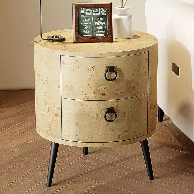 Tavolino rotondo beige con 2 cassetti, stile moderno rustico, 1 pezzo
