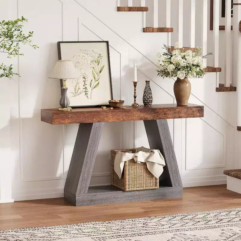 Tavolino Consolle a 2 Ripiani Marrone/Grigio e Marrone/Naturale – Tavolino da Divano Slim in Stile Rustico per Ingresso e Salotto
