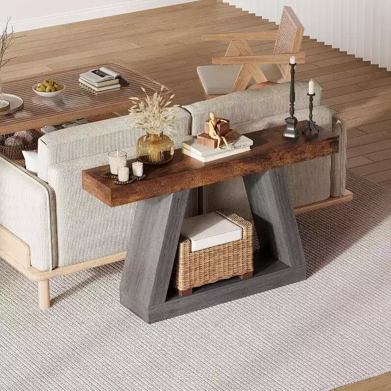 Tavolino Consolle a 2 Ripiani Marrone/Grigio e Marrone/Naturale – Tavolino da Divano Slim in Stile Rustico per Ingresso e Salotto