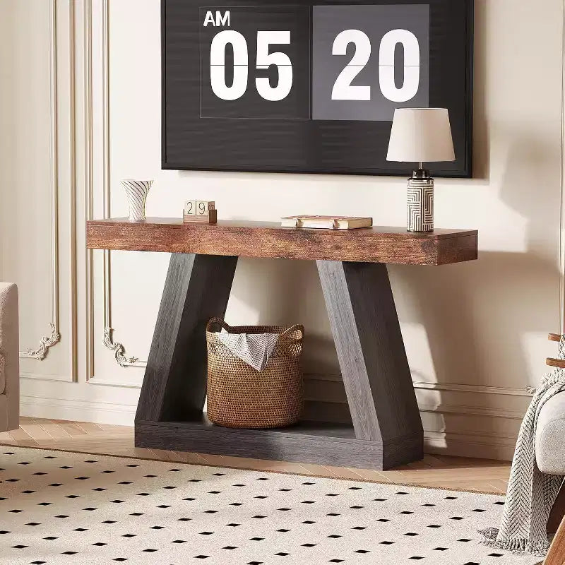 Tavolino Consolle a 2 Ripiani Marrone/Grigio e Marrone/Naturale – Tavolino da Divano Slim in Stile Rustico per Ingresso e Salotto
