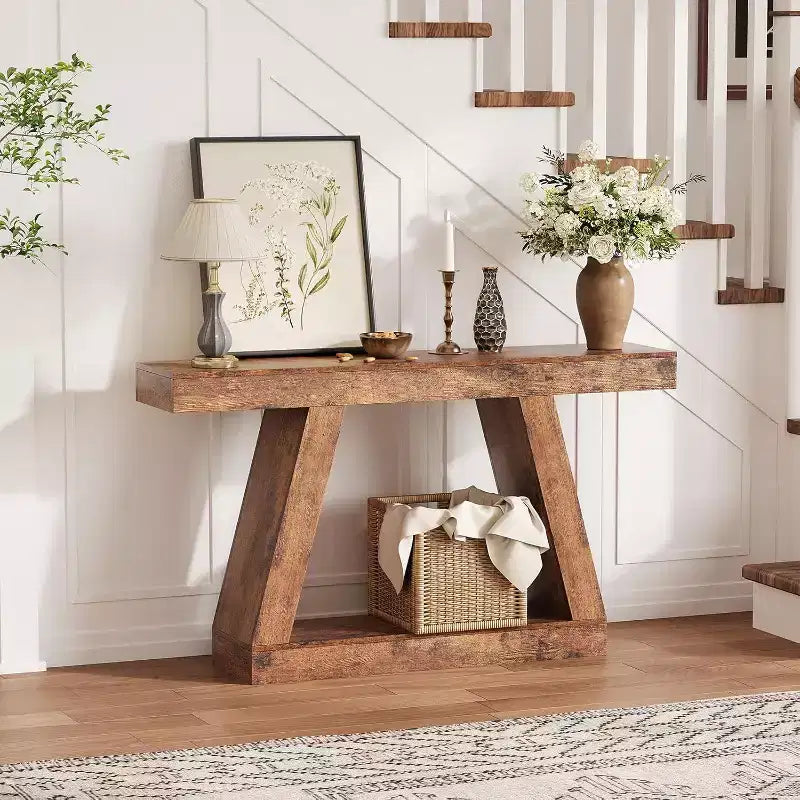 Tavolino Consolle a 2 Ripiani Marrone/Grigio e Marrone/Naturale – Tavolino da Divano Slim in Stile Rustico per Ingresso e Salotto