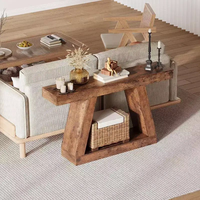 Tavolino Consolle a 2 Ripiani Marrone/Grigio e Marrone/Naturale – Tavolino da Divano Slim in Stile Rustico per Ingresso e Salotto