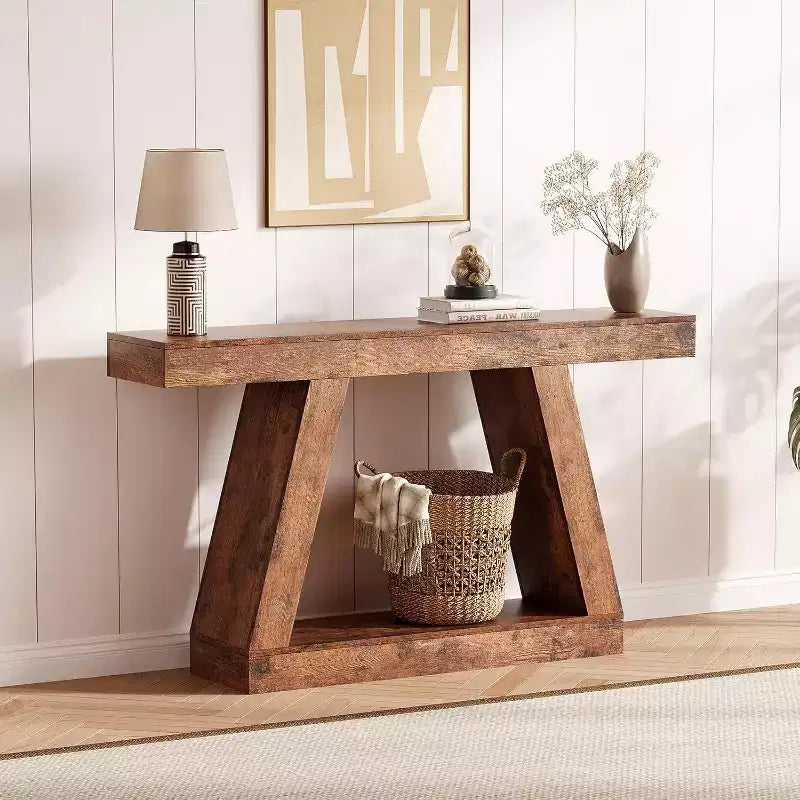 Tavolino Consolle a 2 Ripiani Marrone/Grigio e Marrone/Naturale – Tavolino da Divano Slim in Stile Rustico per Ingresso e Salotto