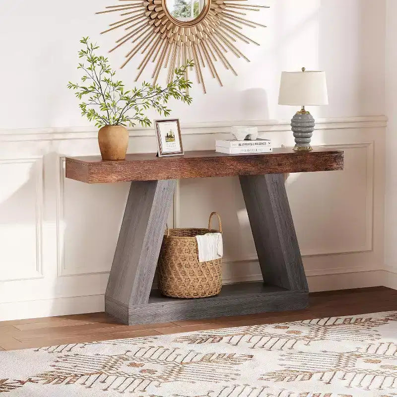Tavolino Consolle a 2 Ripiani Marrone/Grigio e Marrone/Naturale – Tavolino da Divano Slim in Stile Rustico per Ingresso e Salotto