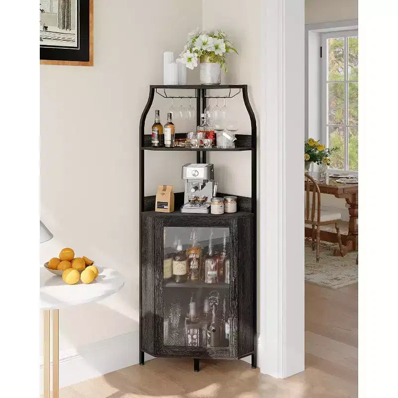 Mobile bar angolare a 5 ripiani Nero/Marrone/Grigio con anta in vetro temperato, singolo