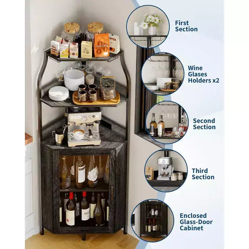 Mobile bar angolare a 5 ripiani Nero/Marrone/Grigio con anta in vetro temperato, singolo
