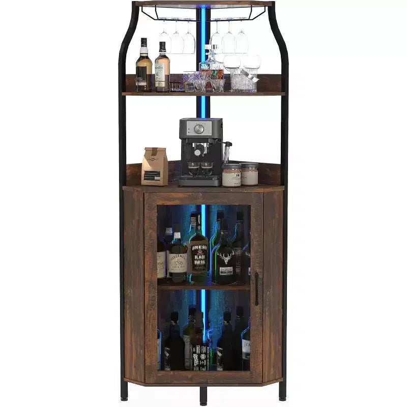 Mobile bar angolare a 5 ripiani Nero/Marrone/Grigio con anta in vetro temperato, singolo