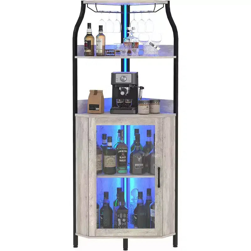 Mobile bar angolare a 5 ripiani Nero/Marrone/Grigio con anta in vetro temperato, singolo