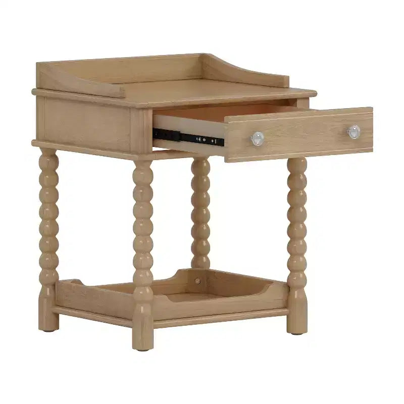Comodino retrò in legno naturale con cassetto e ripiano aperto, singolo