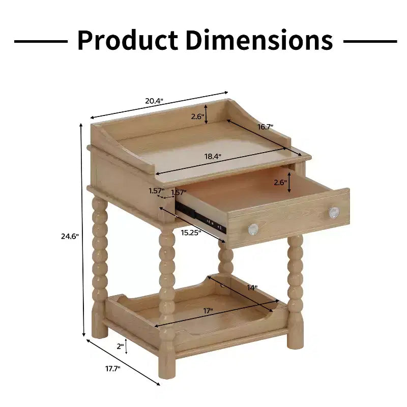 Comodino retrò in legno naturale con cassetto e ripiano aperto, singolo
