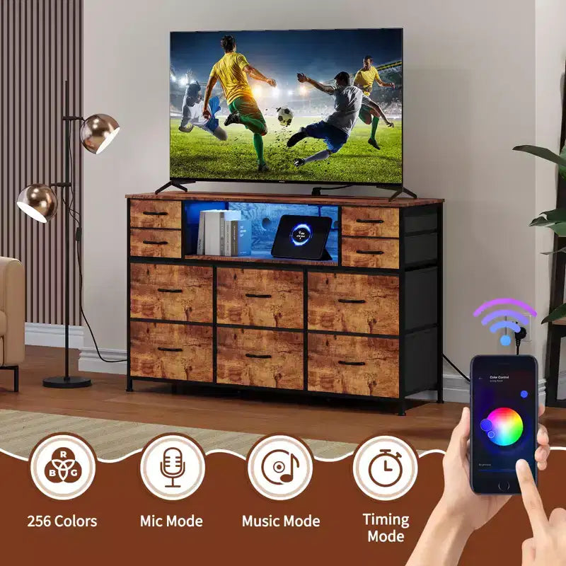 Mobile TV con 10 cassetti, luce LED e presa elettrica per TV da 45-55" - Nero / Marrone / Grigio / Bianco