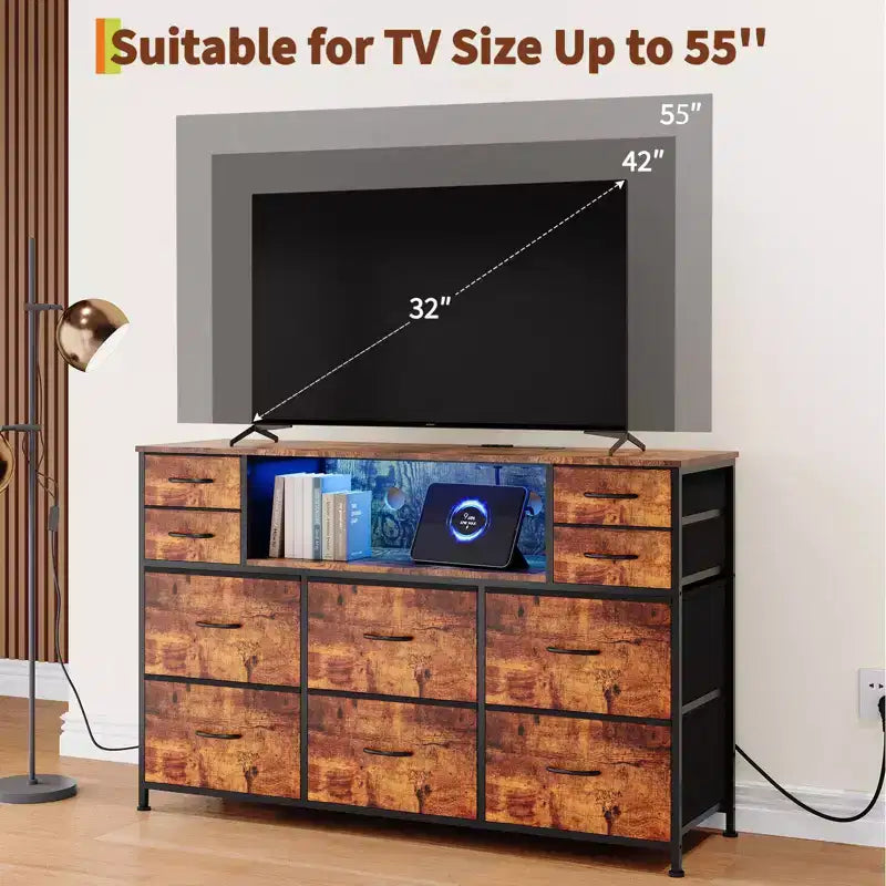 Mobile TV con 10 cassetti, luce LED e presa elettrica per TV da 45-55" - Nero / Marrone / Grigio / Bianco