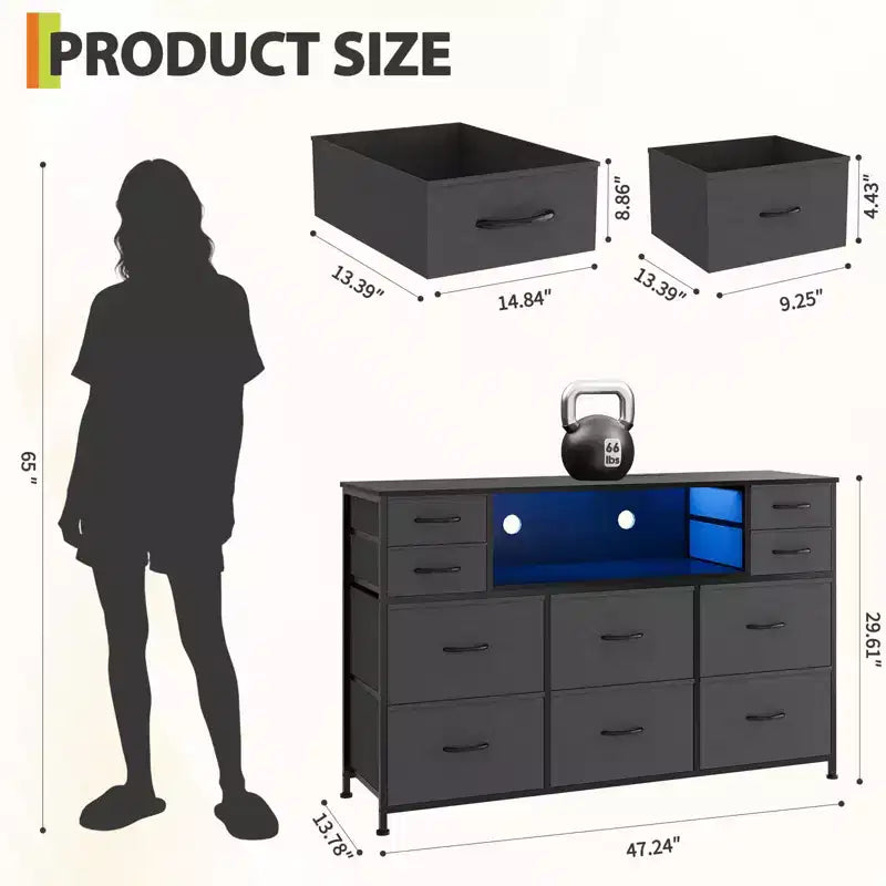 Mobile TV con 10 cassetti, luce LED e presa elettrica per TV da 45-55" - Nero / Marrone / Grigio / Bianco