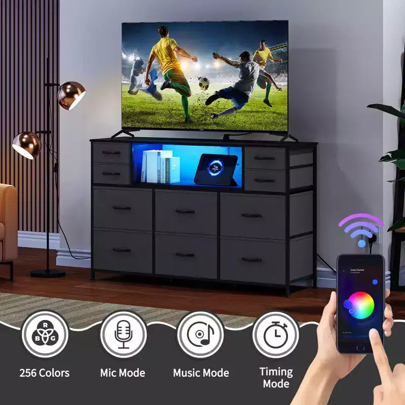 Mobile TV con 10 cassetti, luce LED e presa elettrica per TV da 45-55" - Nero / Marrone / Grigio / Bianco