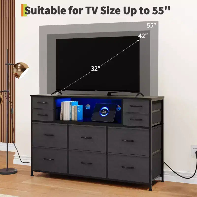 Mobile TV con 10 cassetti, luce LED e presa elettrica per TV da 45-55" - Nero / Marrone / Grigio / Bianco