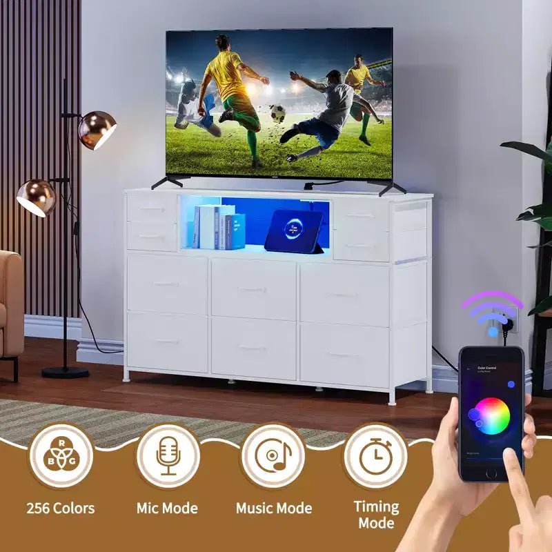 Mobile TV con 10 cassetti, luce LED e presa elettrica per TV da 45-55" - Nero / Marrone / Grigio / Bianco