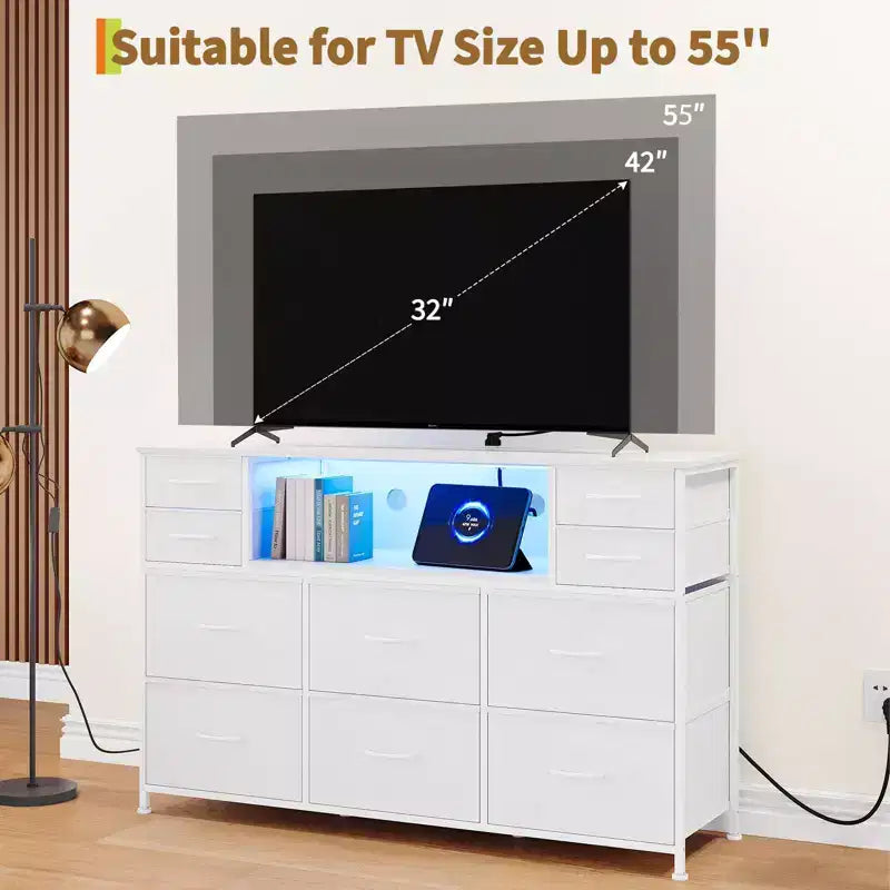 Mobile TV con 10 cassetti, luce LED e presa elettrica per TV da 45-55" - Nero / Marrone / Grigio / Bianco