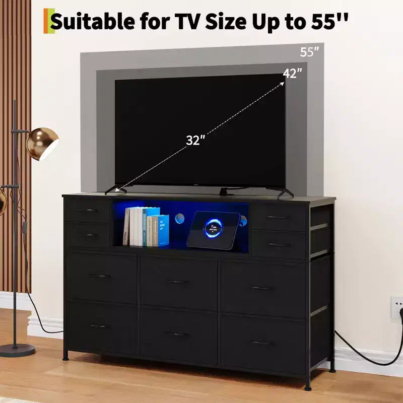 Mobile TV con 10 cassetti, luce LED e presa elettrica per TV da 45-55" - Nero / Marrone / Grigio / Bianco