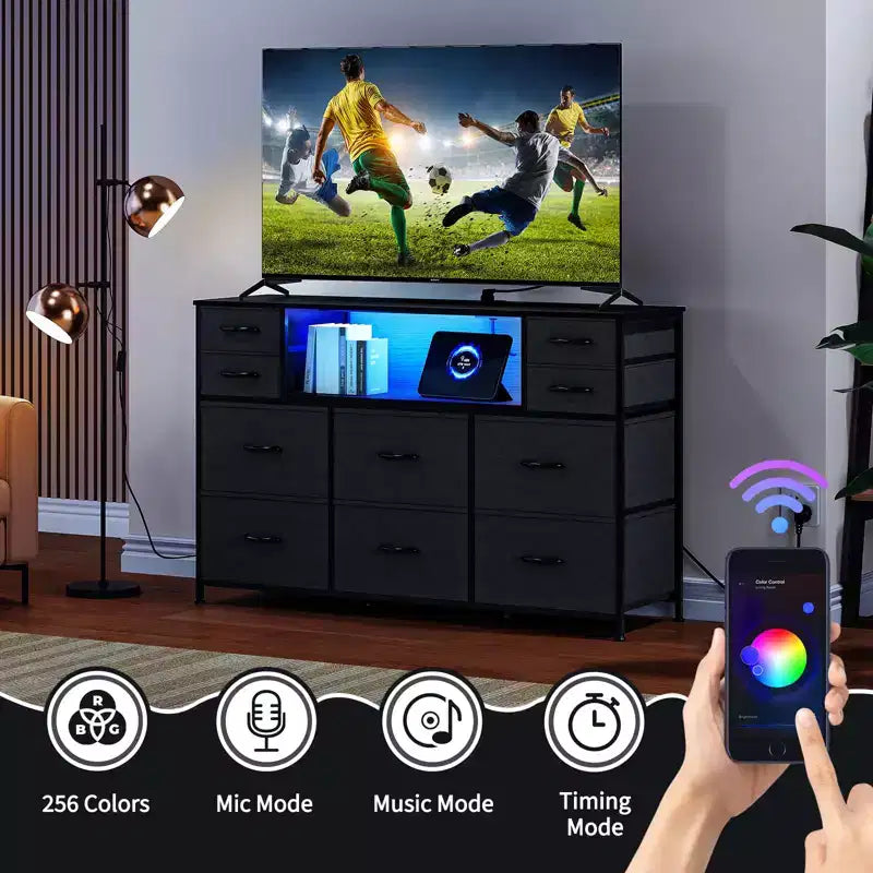 Mobile TV con 10 cassetti, luce LED e presa elettrica per TV da 45-55" - Nero / Marrone / Grigio / Bianco