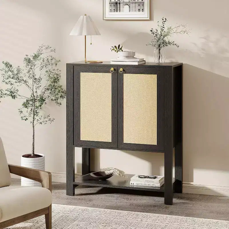Scarpiera in rattan a 5 ripiani e 2 ante, rovere scuro / rovere grigio, per 1