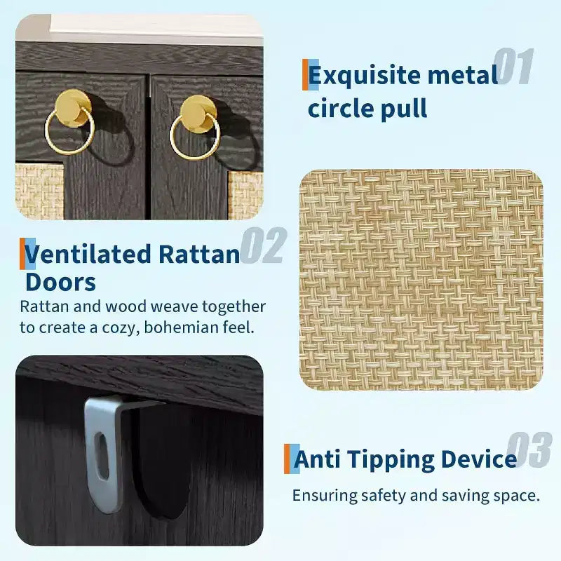 Scarpiera in rattan a 5 ripiani e 2 ante, rovere scuro / rovere grigio, per 1