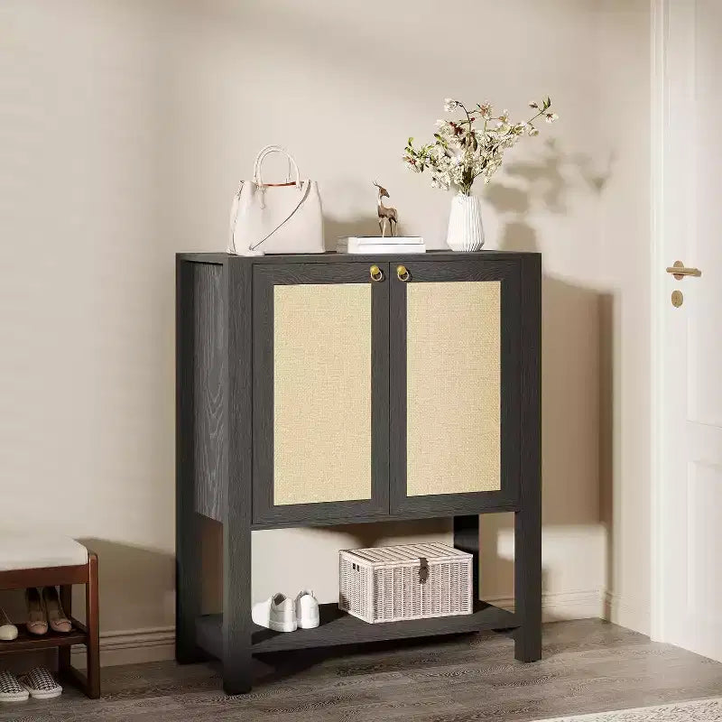Scarpiera in rattan a 5 ripiani e 2 ante, rovere scuro / rovere grigio, per 1