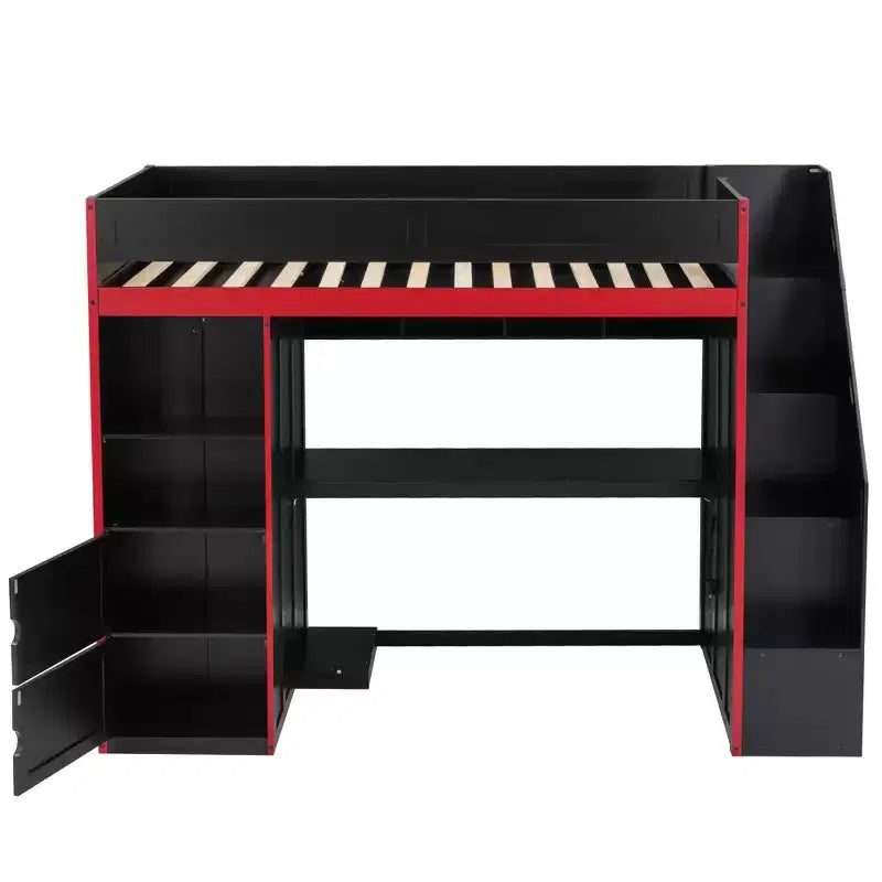 Letto a soppalco da gaming nero e rosso con scrivania e luci LED, singolo/matrimoniale, per 1 persona