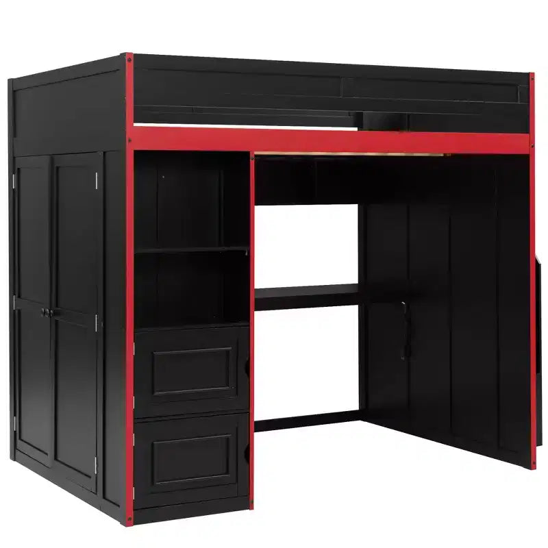 Letto a soppalco da gaming nero e rosso con scrivania e luci LED, singolo/matrimoniale, per 1 persona