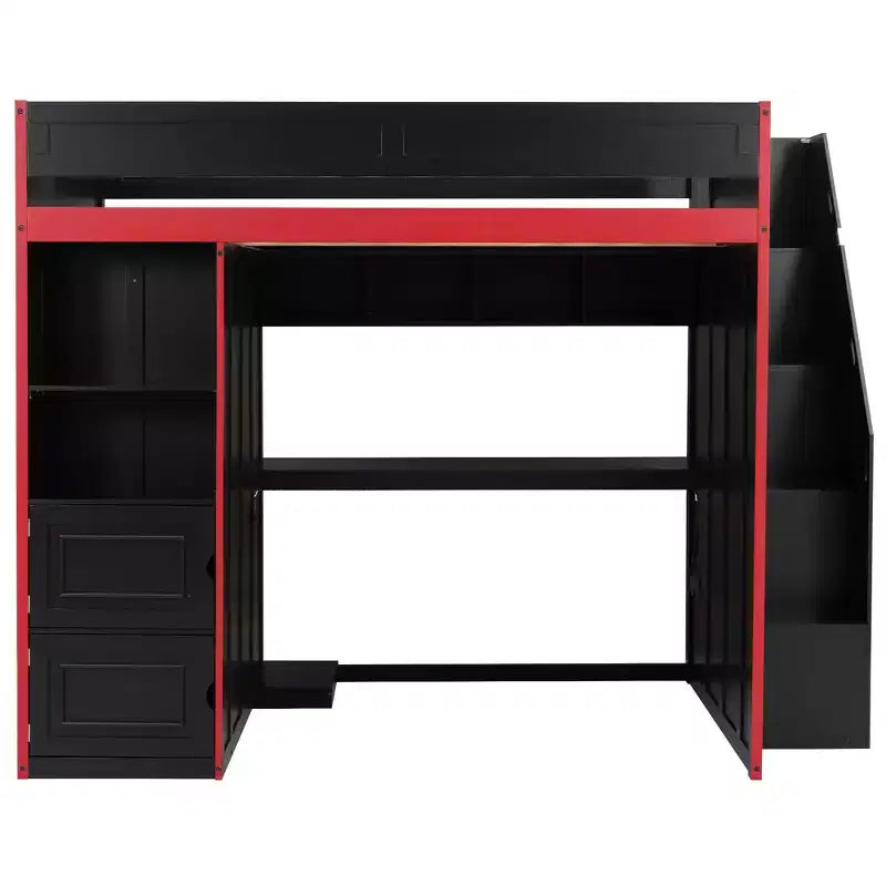 Letto a soppalco da gaming nero e rosso con scrivania e luci LED, singolo/matrimoniale, per 1 persona