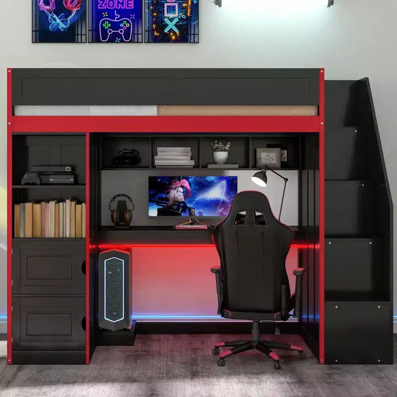 Letto a soppalco da gaming nero e rosso con scrivania e luci LED, singolo/matrimoniale, per 1 persona