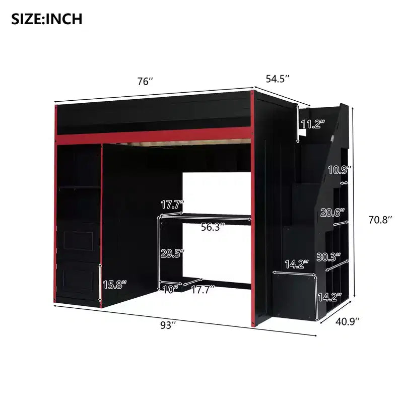 Letto a soppalco da gaming nero e rosso con scrivania e luci LED, singolo/matrimoniale, per 1 persona