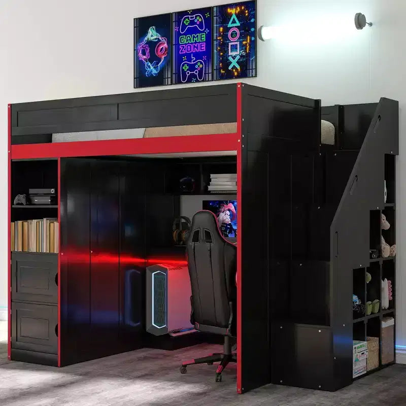 Letto a soppalco da gaming nero e rosso con scrivania e luci LED, singolo/matrimoniale, per 1 persona