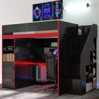 Letto a soppalco da gaming nero e rosso con scrivania e luci LED, singolo/matrimoniale, per 1 persona