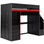 Letto a soppalco da gaming nero e rosso con scrivania e luci LED, singolo/matrimoniale, per 1 persona