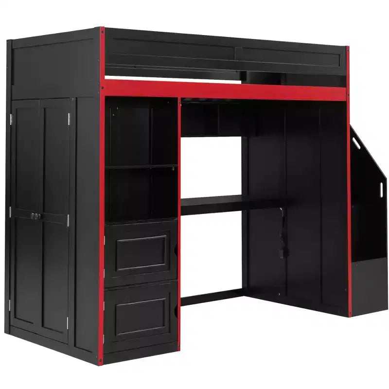 Letto a soppalco da gaming nero e rosso con scrivania e luci LED, singolo/matrimoniale, per 1 persona