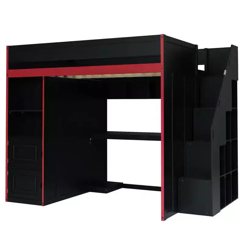 Letto a soppalco da gaming nero e rosso con scrivania e luci LED, singolo/matrimoniale, per 1 persona