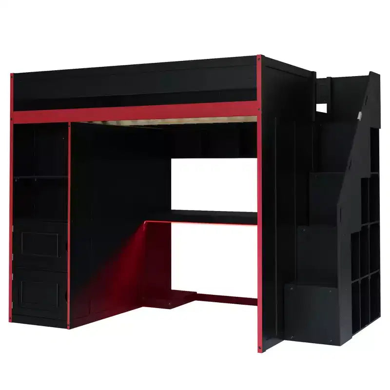 Letto a soppalco da gaming nero e rosso con scrivania e luci LED, singolo/matrimoniale, per 1 persona