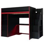 Letto a soppalco da gaming nero e rosso con scrivania e luci LED, singolo/matrimoniale, per 1 persona