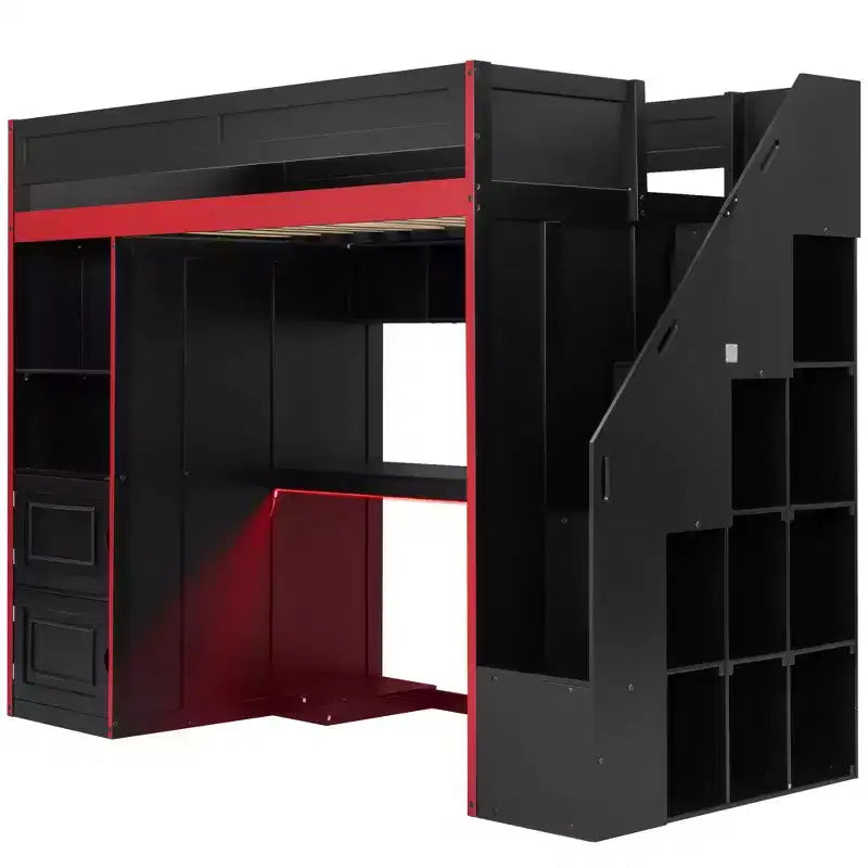 Letto a soppalco da gaming nero e rosso con scrivania e luci LED, singolo/matrimoniale, per 1 persona