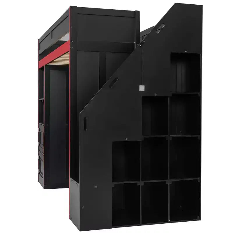 Letto a soppalco da gaming nero e rosso con scrivania e luci LED, singolo/matrimoniale, per 1 persona