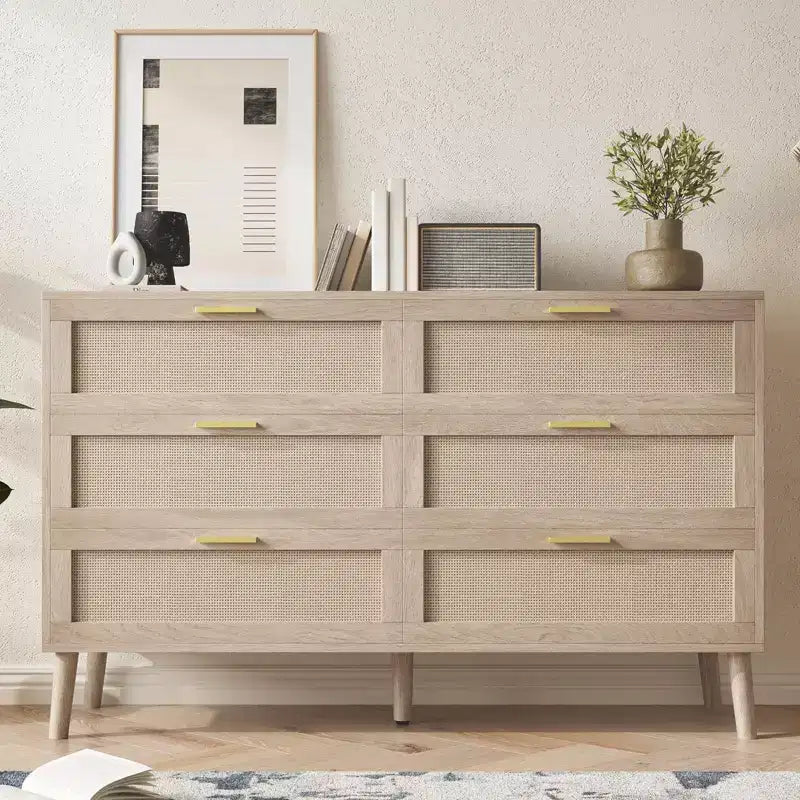 6-Drawer Rattan Dresser with Gold Metal Handles,Farmhouse Chest with 5 Sturdy Legs for Bedroom, Living Room, Hallway & Entryway