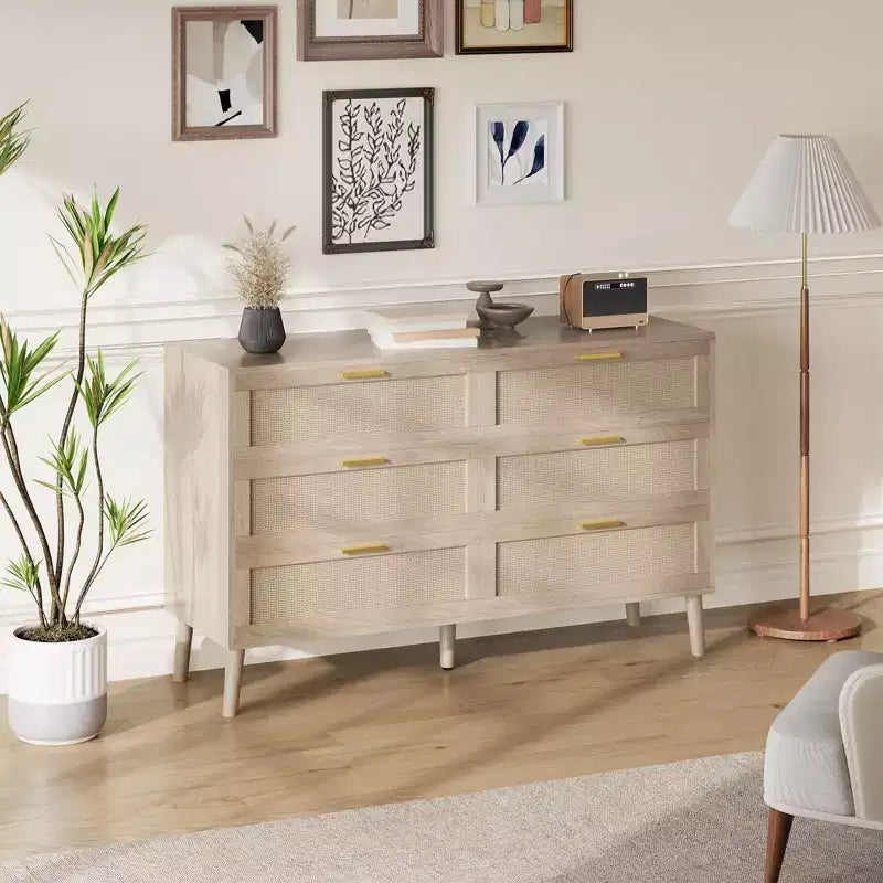 Cassettiera 6 cassetti in Rattan Naturale/Marrone, Stile Rustico